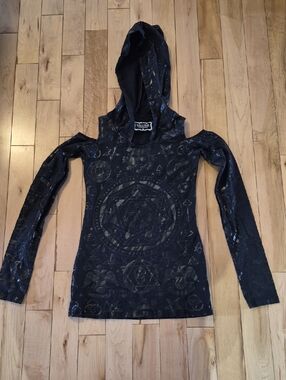 Killstar Women's Size Medium Mystic Graphic Black Cold-Shoulder Hooded Top